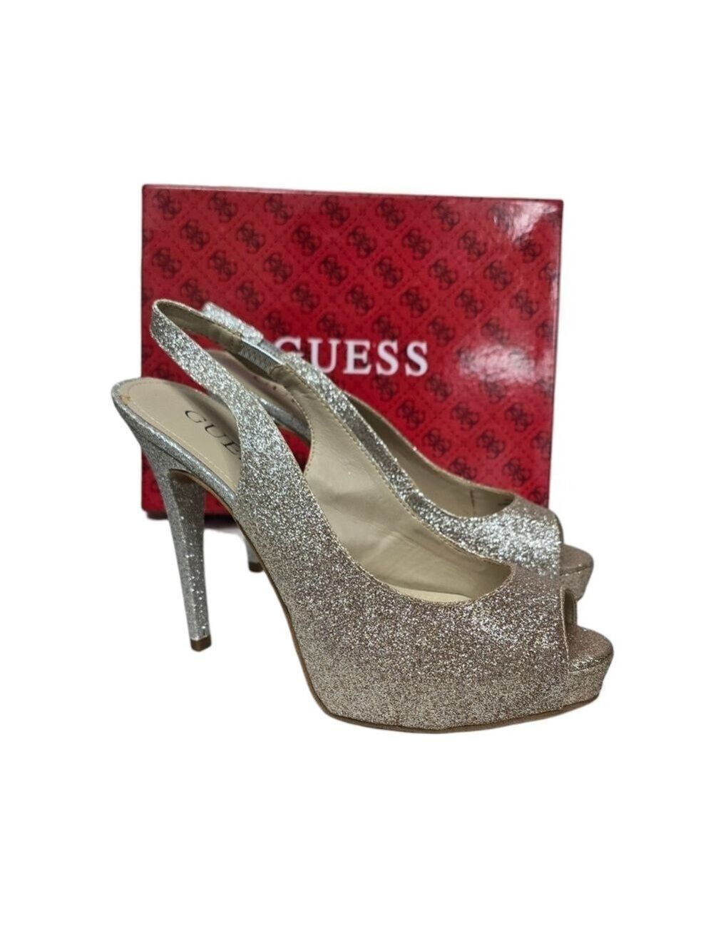 Guess Gold Silver Gwaerran Glitter Texture Peep Toe Heels 8M